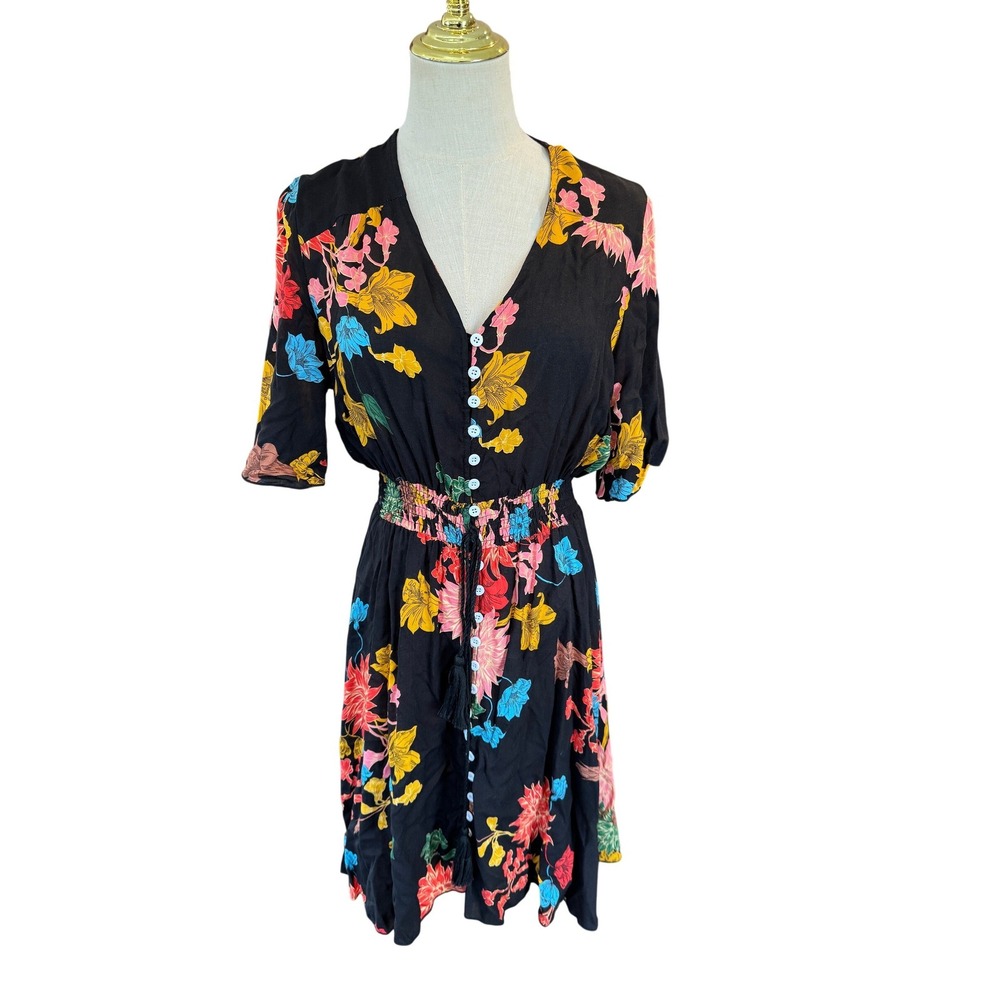 Floral Rayon V-Neck Button Front Dress Black Multi Smocked Waist Tassel Size M